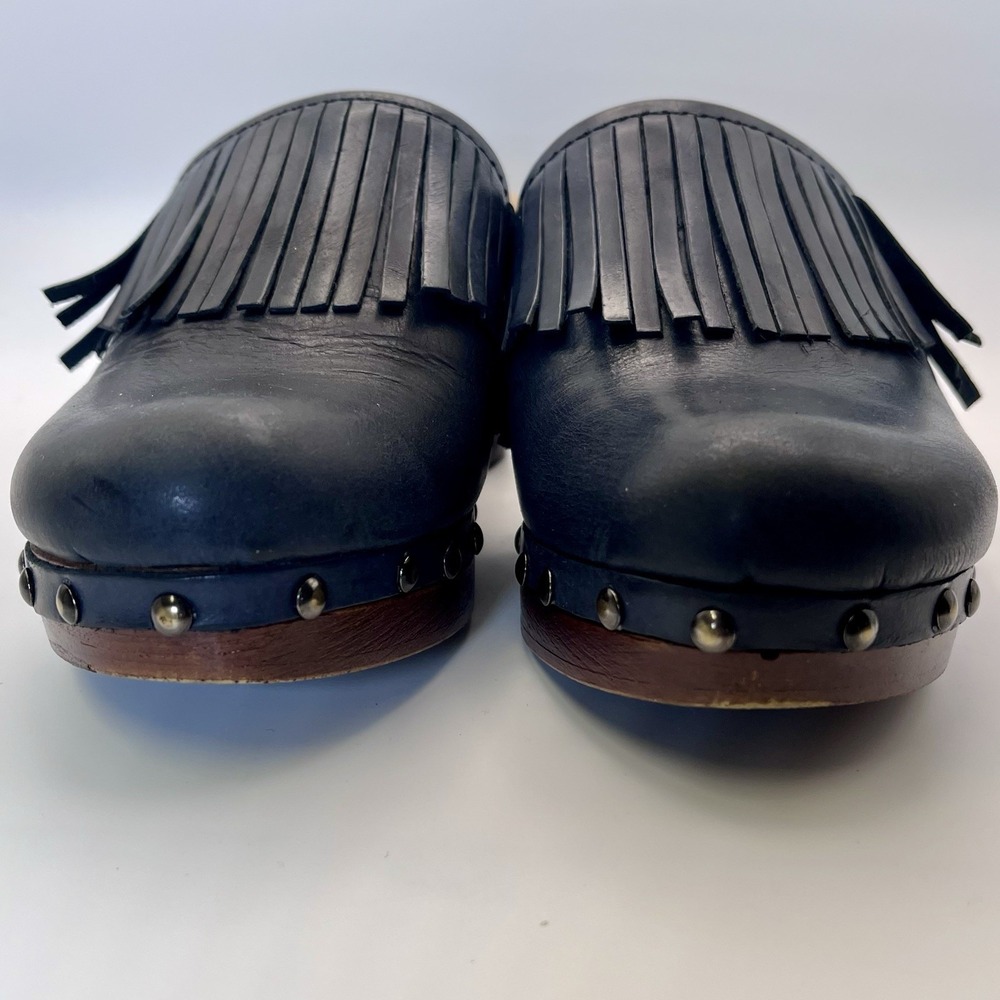 Lamica Navy Clog Leather Fringe Stud Wood Heel Platform Blue Women US 6 36 Italy - Picture 8 of 11